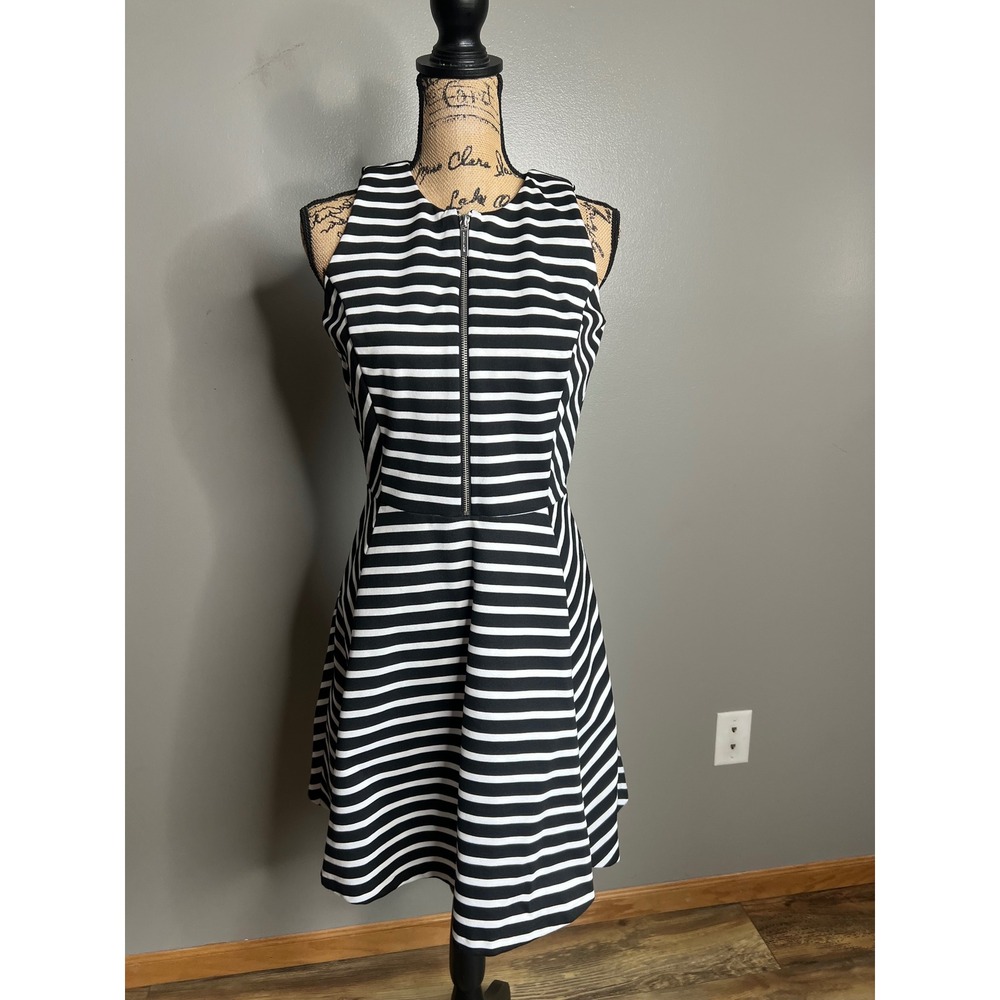 Michael Michael Kors Black White Striped Zip Front Fit Flare Dress office